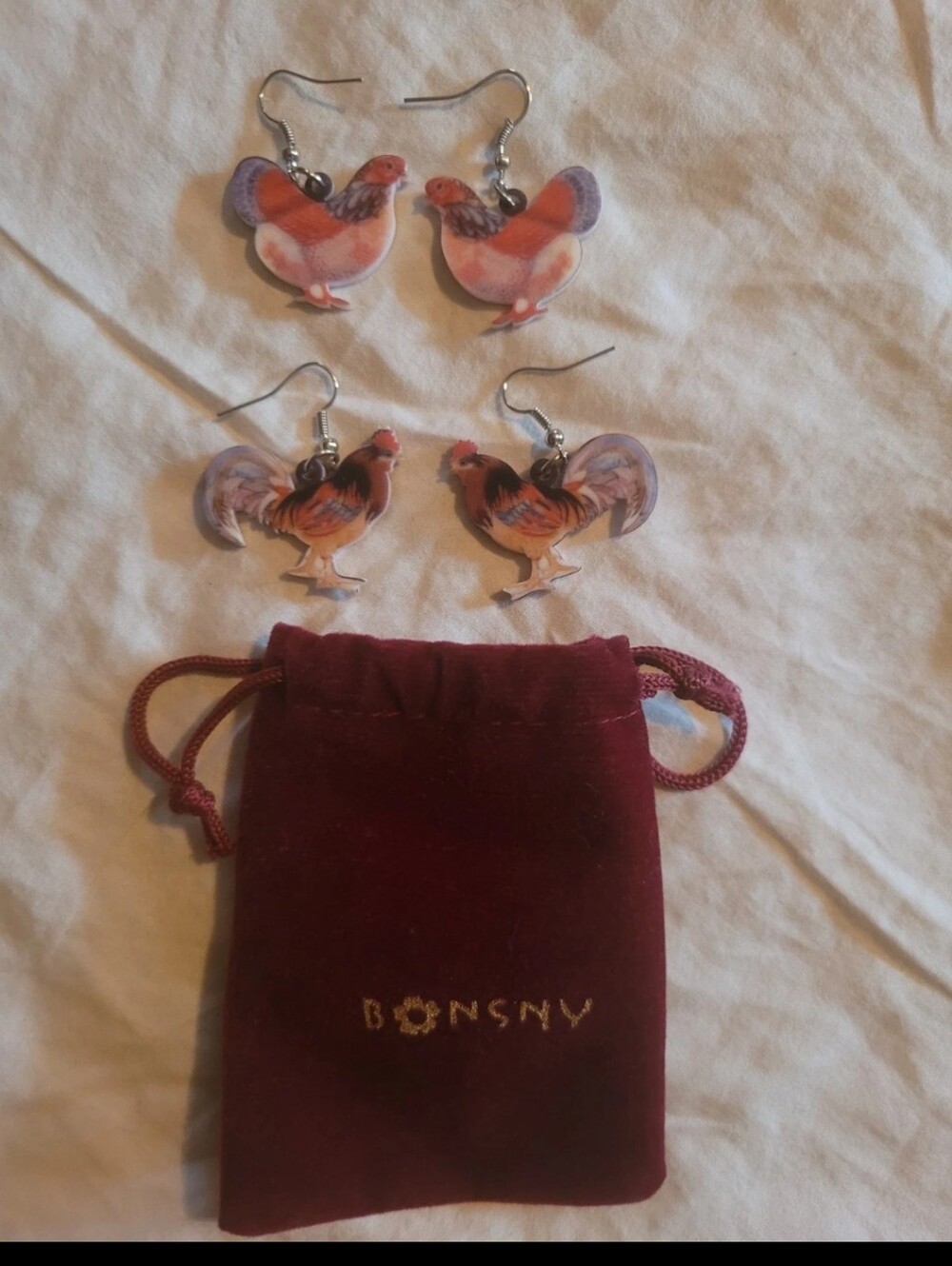 Red Rooster And Chicken Drop Earrings - Set of 2 Pairs